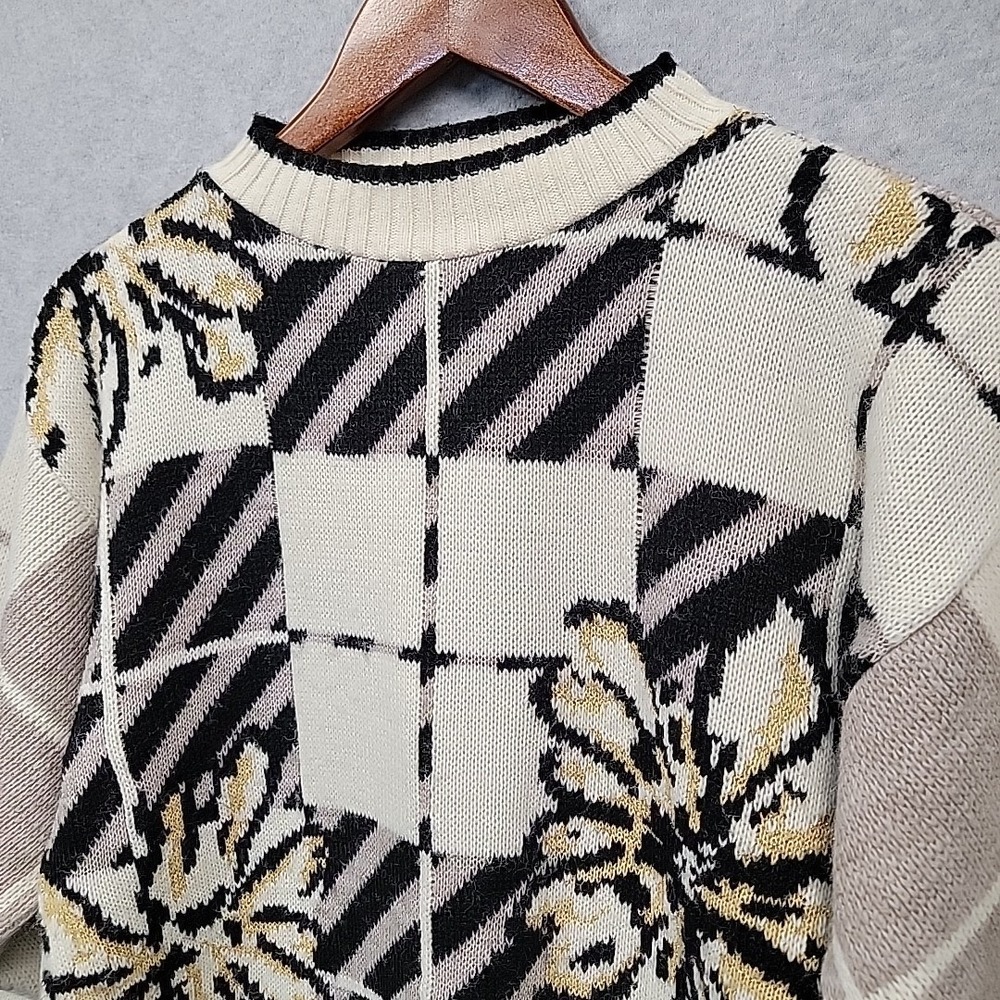 SPUNKY Sz M Vintage‎ Retro Floral Window Pane Gold Shimmer Sweater Cream Black